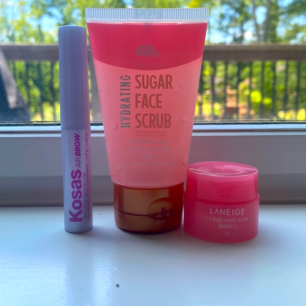Laneige lip sleeping mask tree hut, sugar face scrub, kosas brow gel